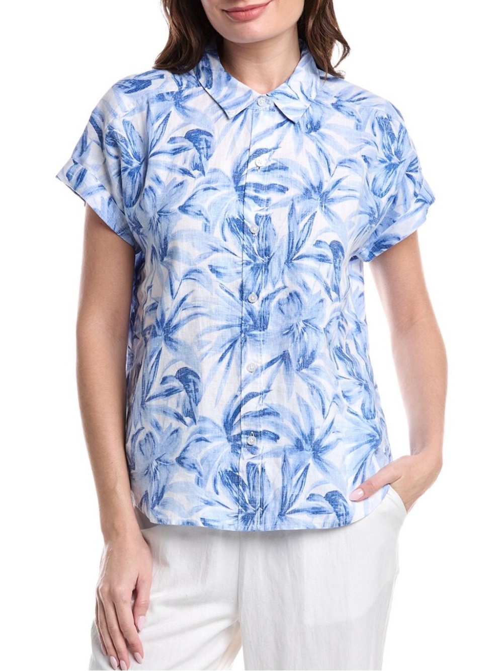 Women TOMMY BAHAMA sky blue Bravo Blooms 100% Linen tropical summer Shirt medium